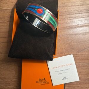 Hermès Printed Enamel Wide Bangle Bracelet | Blue Green Rope Design | Palladium